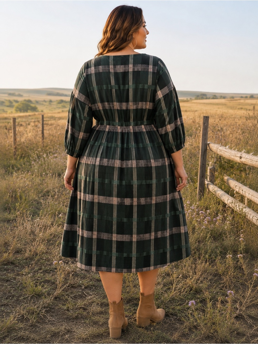 Polagram 3XL Green Windowpane Plaid Cotton Dress | Cottagecore | Pockets - Picture 3 of 13